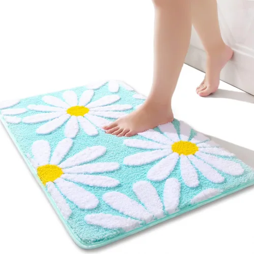 Vista 22 de QJHOMO Alfombra de baño beige con diseño de margaritas, decoración de flores blancas y amarillas, alfombra antideslizante de microfibra, súper