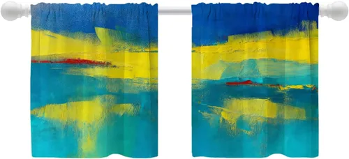 Vista 198 de Shrahala Beige and Orange Abstract Art Brushstrokes Blackout Curtain Tiers, Abstract Oil Paint Kitchen Valance Light Blocking Tier Drapes with Rod