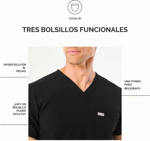 Vista 7 de FIGS Leon - Camiseta médica para hombre, 3 bolsillos, ajuste a medida, cuello en V moderno, elástico en 4 direcciones, absorbe la humedad BLK