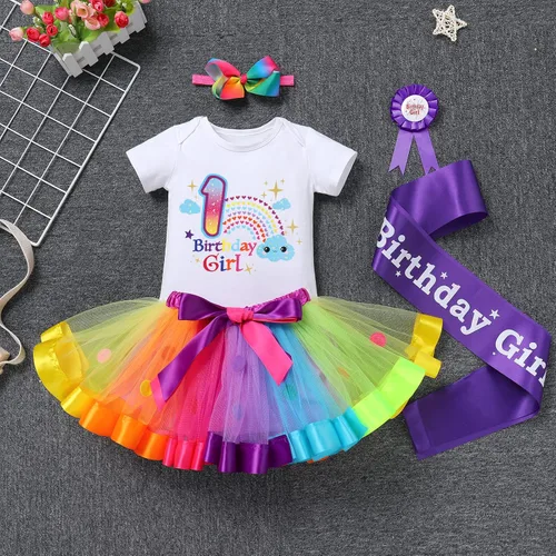 Vista 4 de IBTOM CASTLE Conjunto de falda de unicornio para bebé niña 1er 2do 3er cumpleaños, tutú arco iris, pastel de princesa, mameluco con diadema