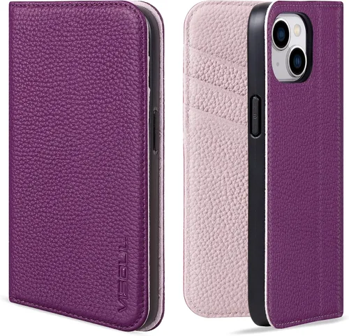 Vista 11 de VISOUL Funda tipo cartera de piel auténtica para iPhone 14, con tapa magnética, con tarjetero y función atril, compatible con iPhone 14