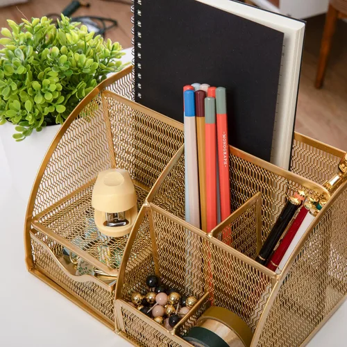 Vista 4 de Martha Stewart Ryder - Organizador de escritorio pequeño de metal de malla dorada para accesorios de oficina, cuadernos, soporte para bolígrafos