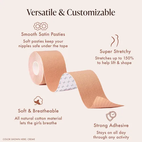Vista 4 de Bare Babe Boob Tape for Breast Lift, Hypoallergenic Adhesive Tape with 10 Satin Nipple Covers, Strapless Bra, 2 in