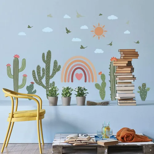 Vista 3 de SUPERDANT Calcomanías de pared de cactus bohemios, pájaros arcoíris, calcomanías de pared grandes, calcomanías de murales extraíbles para guardería