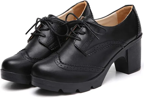 Vista 7 de DADAWEN - Zapatos clásicos de cuero para mujer, con cordones, de tacón medio cuadrado y grueso con plataforma y puntera, para pantalones oxford