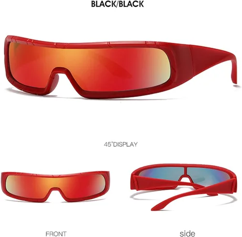 Vista 3 de HYLLE Y2K - Gafas de sol futuristas envolventes para mujeres y hombres, de moda, Cyberpunk, lentes de sol con visera monobloque cíclope, Marco rojo