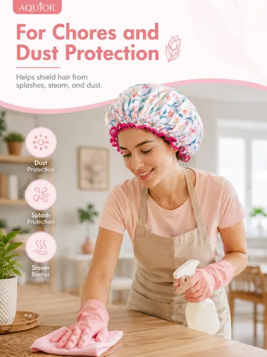 Vista 7 de Aquior Gorro de ducha para mujer, impermeable, reutilizable, con elástico suave, tamaño grande para cabello largo, bonito gorro de baño para ducha