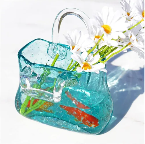 Vista 13 de Glass Bag Vase for Flowers, Glass Purse Vase Blowing by Hand Glass Flower Vase Purse Flower Vase, Glass Bag Vase for Decor,Style1-Blue