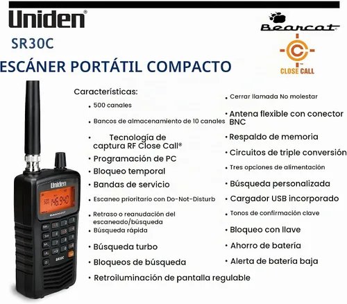 Vista 5 de Uniden Bearcat SR30C, escáner de mano compacto de 500 canales, captura de RF Close Call, búsqueda turbo, programable por PC, NASCAR, carreras