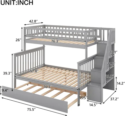Vista 2 de Literas para niños con escalera, literas de madera maciza con barandilla completa