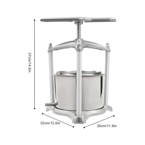 Vista 2 de Máquina manual de prensa de vino de frutas con mango en T y bolsa de filtro, molinillo de sidra de frutas de estructura triangular con barriles