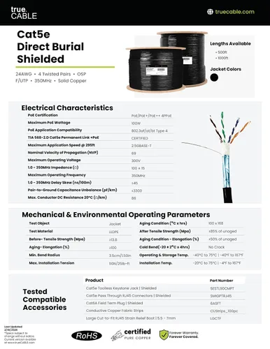 Vista 6 de TRUE CABLE Cat5e Cable Ethernet a granel de entierro directo, blindado F/UTP, 500 pies, negro, impermeable, chaqueta OSP para exteriores, cobre