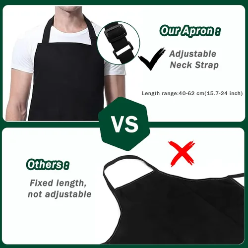 Vista 4 de Paquete de 3 delantales de chef negros y blancos, delantal de cocina ajustable con 3 bolsillos para hombres y mujeres, camarera (polialgodón)