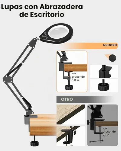Vista 5 de Lupa con luz, lente 10X/5X, LED regulable, brazo oscilante, blanco Soporte de abrazadera, 5 colores y 10 de brillo, lámpara de aumento