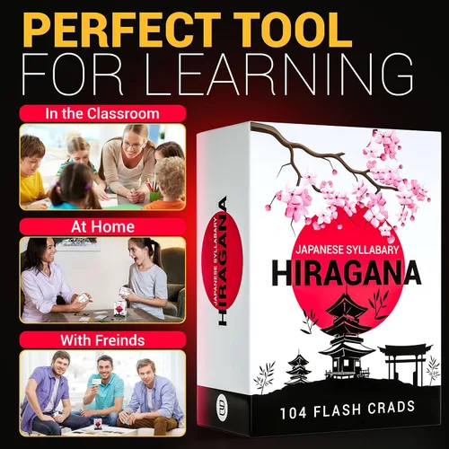 Vista 5 de Tarjetas flash japonesas Hiragana para niños y adultos – 104 tarjetas de aprendizaje del alfabeto con imágenes y orden de trazo – Ayuda de estudio