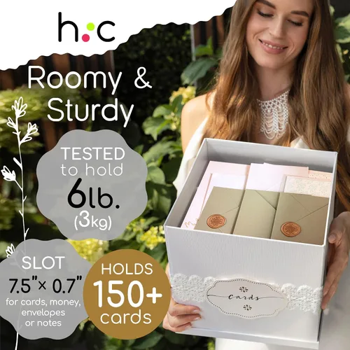 Vista 4 de Caja para tarjetas de boda blanca grande de 10 pulgadas con ranura, elegante caja de regalo para fiestas, graduaciones, cumpleaños, quinceañeras