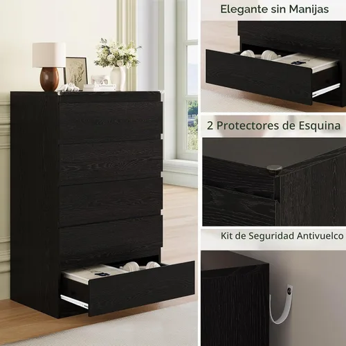 Vista 5 de OtterOasis Cómoda de madera negra para dormitorio, 5 cajones para almacenamiento de ropa, cómoda moderna con cajones anchos, cómoda de madera amplia