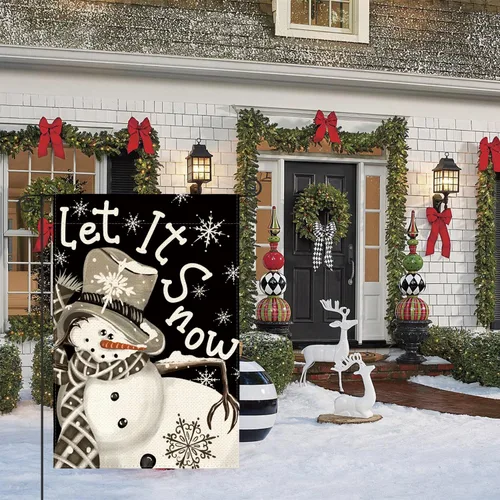 Vista 3 de AVOIN colorlife Let It Snow Bandera de Jardín Navideña con Copo de Nieve y Muñeco de Nieve 12x18 Pulgadas Doble Cara, Bandera Decorativa Negra
