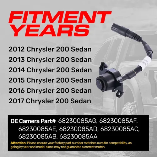 Vista 4 de Master Tailgaters Repuesto para cámara de respaldo Chrysler 200 Sedan (2012-2017), pieza OE # 68230085AG, 68230085AF, 68230085AE, 68230085AD