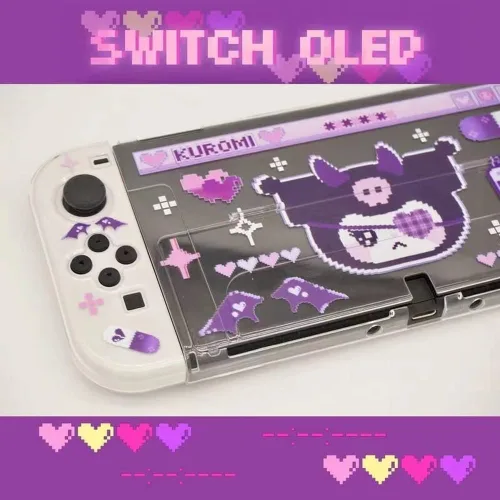 Vista 6 de ENFILY Cute Kuromi Case Compatible with Nintendo Switch OLED Dockable Case Cover Ergonomic Soft TPU Grip Case for Joycon Sparkle Skin Set
