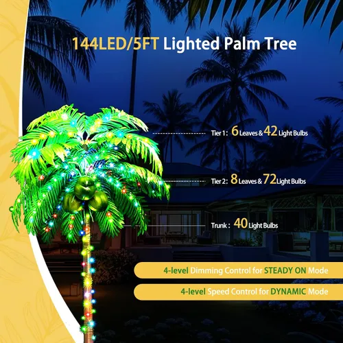 Vista 6 de Ledido - Palmera artificial iluminada de 5 pies, colorida con 3 cocos, 144 luces LED, para exteriores, con control remoto, impermeable, regulable