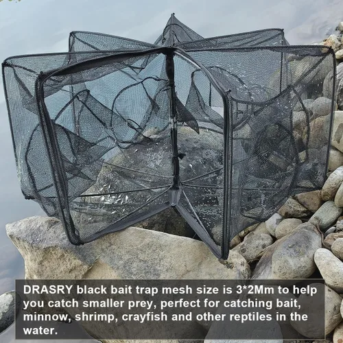 Vista 2 de Drasry Black Fishing Bait Trap Foldable Fish Net for Minnow Crab Crayfish Crawdad Shrimp Trap Cast Net Dip Cage Collapsible Easy Use 4 6 Hole