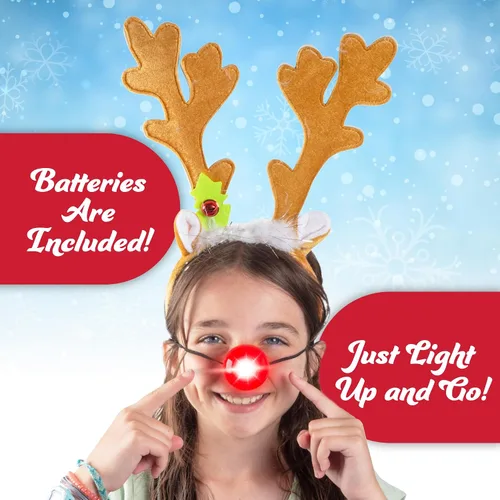 Vista 4 de Christmas Holiday Reindeer Antlers Headband w Light Up Nose Costume Deer Rudolph Outfit for Adult Men Women, Kids Party Favor