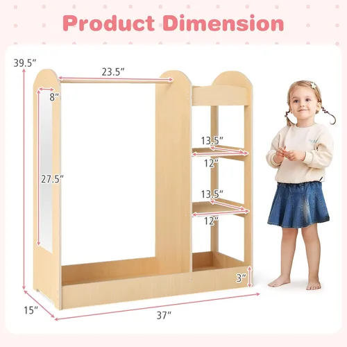 Vista 6 de Costzon Almacenamiento de disfraces para niños con espejo, perchero, estantes de 3 niveles, bandeja inferior, centro organizador de disfraces
