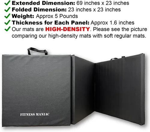 Vista 3 de Fitness Maniac Esterilla de gimnasia de panel plegable para gimnasio, yoga, esterilla de tri, color negro, esteras de ejercicio de EE. UU