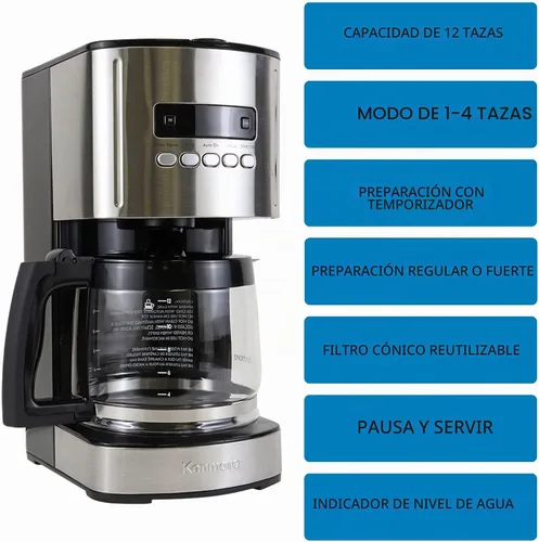 Vista 5 de Cafetera de goteo Kenmore - Máquina de café programable de 12 tazas con jarra de vidrio, preparación regular y concentrada, apagado automático Negro