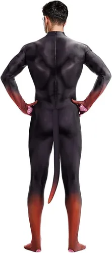 Vista 21 de Disfraz de animal para hombre con estampado de cola grande, overol peludo de elastano para cosplay, fiesta de Halloween