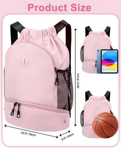 Vista 3 de Mochila de gimnasio con cordón y compartimento para zapatos para hombres y mujeres, bolsa deportiva de cuerda con bolsillo húmedo, bolsa de playa