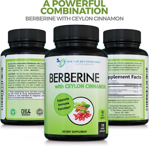 Vista 6 de DOCTOR RECOMMENDED SUPPLEMENTS Berberina con canela de Ceilán, 1200 mg de berberina y 100 mg de canela de Ceilán orgánica, 120 cápsulas vegetales