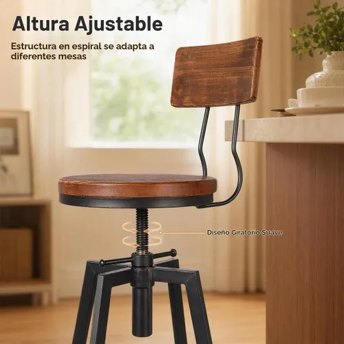 Vista 3 de Taburetes de bar industriales con respaldo de madera de 25 a 32 pulgadas de altura ajustable para isla de cocina, silla de comedor, taburete extra