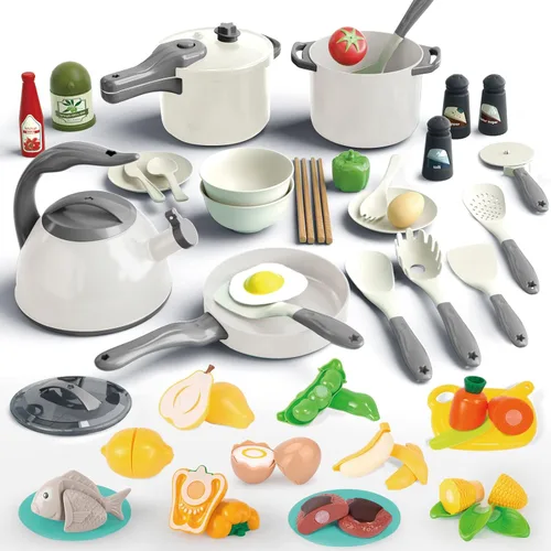 Vista 11 de Bruvoalon Juego de 32 juguetes de cocina para niños, accesorios de cocina con ollas, sartenes, utensilios de cocina, alimentos, verduras enlatadas