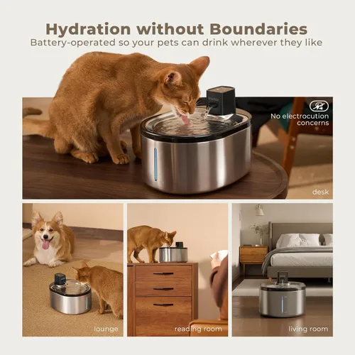 Vista 2 de Smartoo Fuente de agua inalámbrica para gatos de acero inoxidable, fuente para gatos de 152 oz/4.5 L, funciona con pilas, fuente de agua inalámbrica