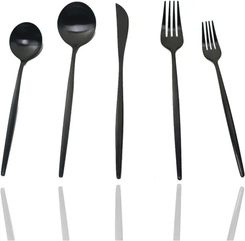 Vista 12 de JASHII - Juego de cubiertos negros de acero inoxidable con acabado mate, incluye tenedores, cuchara, cuchillos, cubiertos para 4, aptos