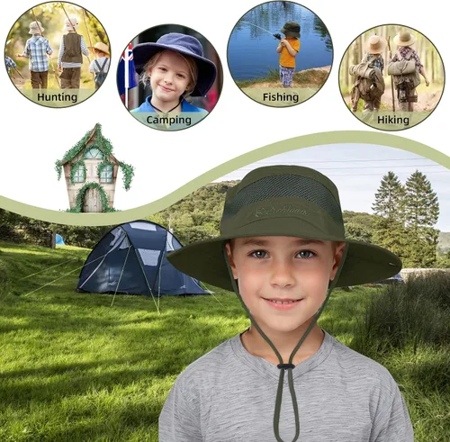 Vista 7 de Sombrero de sol para niños, ala ancha, sombrero de safari para niños, protección solar UPF 50+, sombrero de cubo para niños y niñas