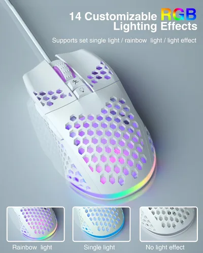 Vista 4 de SM900 - Mouse para juegos con cable blanco con carcasa de panal, 12800 DPI, 7 botones programables, mouse ergonómico ligero
