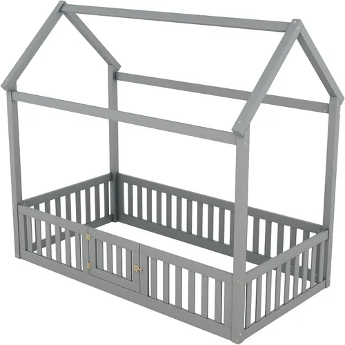 Vista 6 de Bellemave Cama Montessori de tamaño individual para niños, camas de piso de madera con barandillas de valla y puerta, cama individual para niños