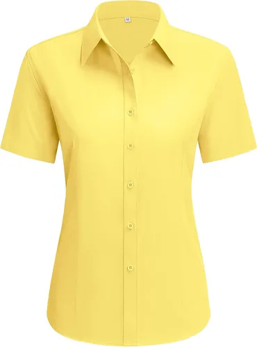 Vista 13 de siliteelon Camisas de vestir para mujer, de manga corta, de algodón, camisa con botones abajo, camisa básica con botones arriba, camisas con cuello