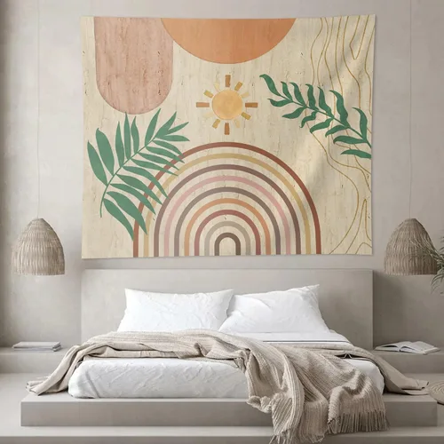 Vista 7 de SUOTEMEIFEI Tapiz de arte bohemio con plantas, tapiz retro con plantas, puesta de sol, paisaje, estético, abstracto, para pared, dormitorio, sala