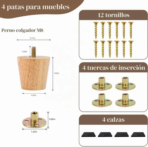 Vista 2 de Juego de 4 patas redondas de madera maciza de 2 pulgadas para muebles, sofá cama, silla de café, escritorio, patas rectas con pernos preperforados