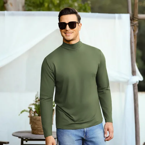 Vista 4 de Mens T Shirt Long Sleeve Basic Mock Turtleneck Pullover Thermal Solid Tops Verde militar