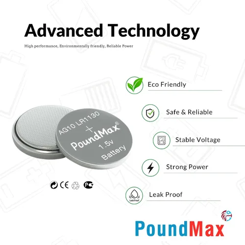 Vista 4 de PoundMax AG10 LR1130 Baterías 1.5 Batería de Botón Alcalino Paquete Combo - 10