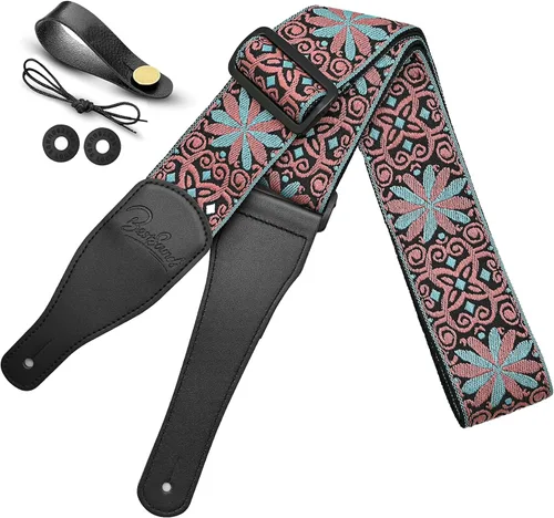 Vista 11 de Correa de guitarra, correas de algodón bordado jacquard con extremos de cuero genuino correa de hombro para bajo, acústico, guitarra eléctrica