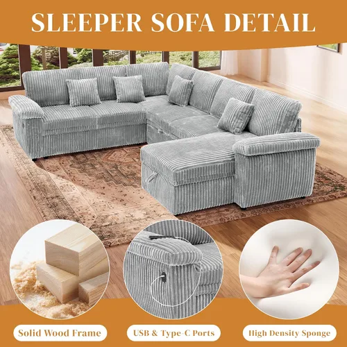 Vista 4 de Sofá cama modular modular con cama extraíble, 104 pulgadas en forma de U de 7 asientos, sofás seccionales para sala de estar, cómodo sofá cama