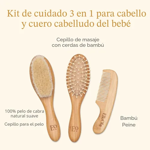 Vista 3 de ELLAOLA Juego de cepillo y peine de bambú natural, 3 piezas - Cepillo para costra láctea, cepillo de masaje para el cabello, peine de bambú