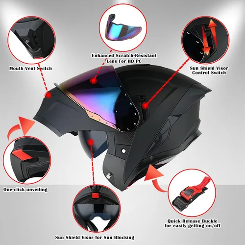 Vista 3 de 1Storm Casco integral modular/abatible con doble visera y protección solar para motocicleta de calle + Un escudo transparente adicional: KT928
