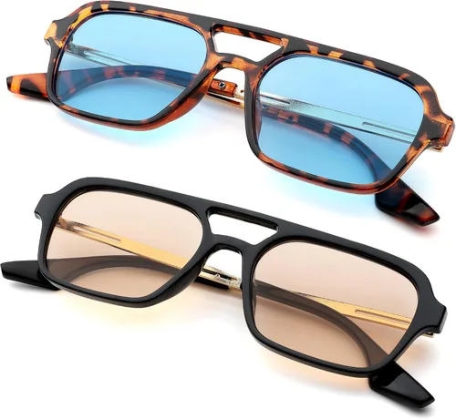 Vista 4 de Hycredi Lentes de sol planos estilo aviador retro de los años 70, gafas cuadradas vintage de moda para mujeres y hombres, diseño de metal, sombras